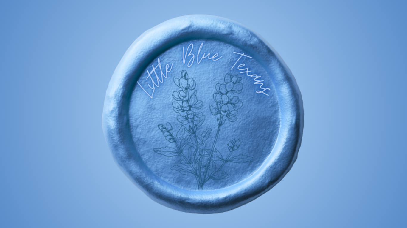 Wax-stamp seal with bluebonnets in the middle and "Little Blue Texans" in a semi-circle at the top fo